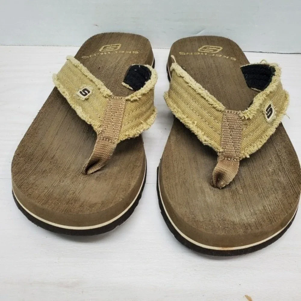 Skechers Men's Flip Flops Thong‎ Sandals Brown Tan Canvas Strap Comfort Size 7